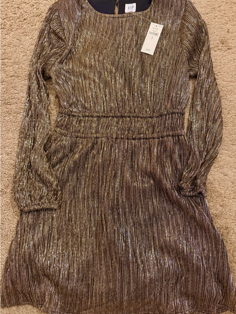 GAP Girls Metallic Gold Pleated Long-Sleeve Dress
